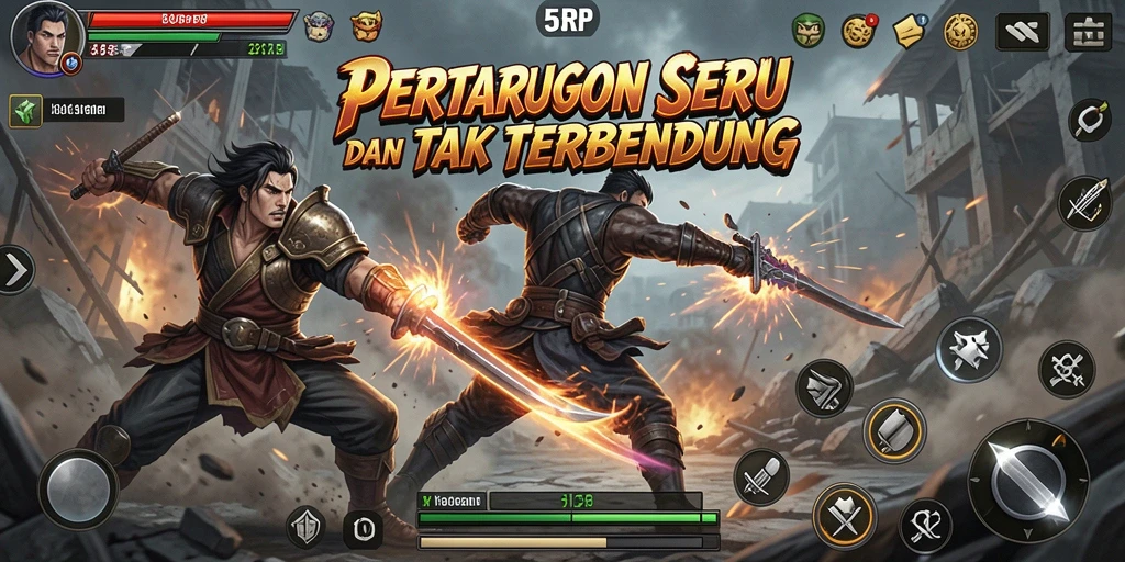 Tangkapan layar gameplay 55RP menampilkan pertarungan seru antara karakter-karakter unik.