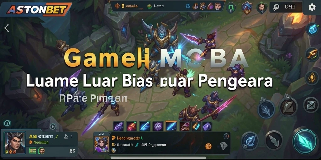 Screenshot gameplay ASTONBET dengan karakter bertarung di arena MOBA.