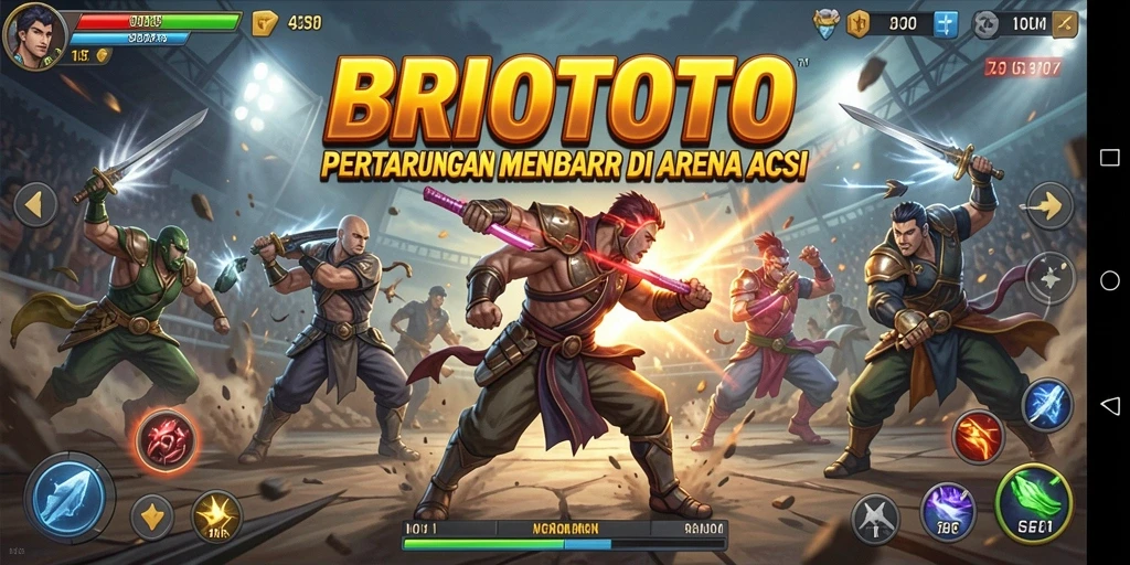 Tangkapan layar BRIOTOTO menampilkan pertarungan aksi seru di arena.