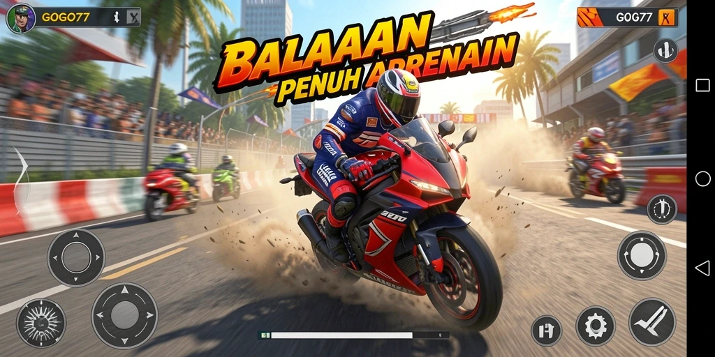Screenshot GOGO77 menampilkan aksi balapan motor di lintasan.