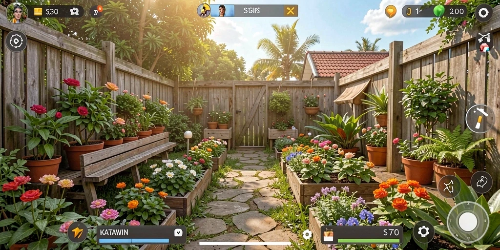 Tampilan gameplay KATAWIN dengan ladang yang subur dan tanaman yang berwarna-warni.