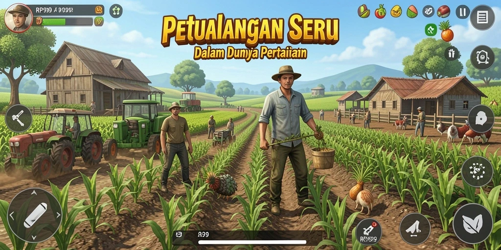 Tangkapan layar gameplay RR999 menunjukkan keseruan bertani dan merawat hewan.