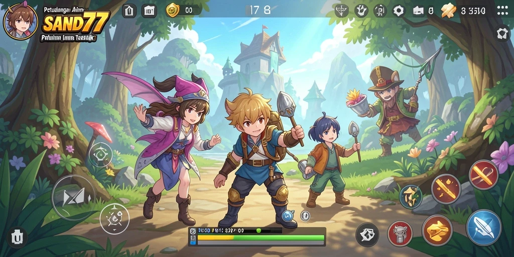Screenshot SAND77 menampilkan pertarungan karakter Anime yang dinamis.