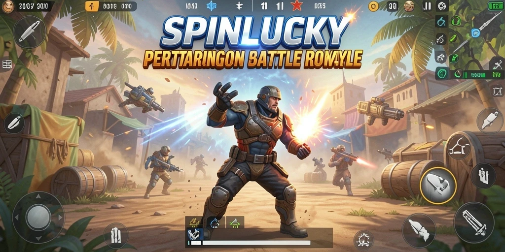 Gameplay SPINLUCKY menampilkan momen-momen pertarungan seru Battle Royale.